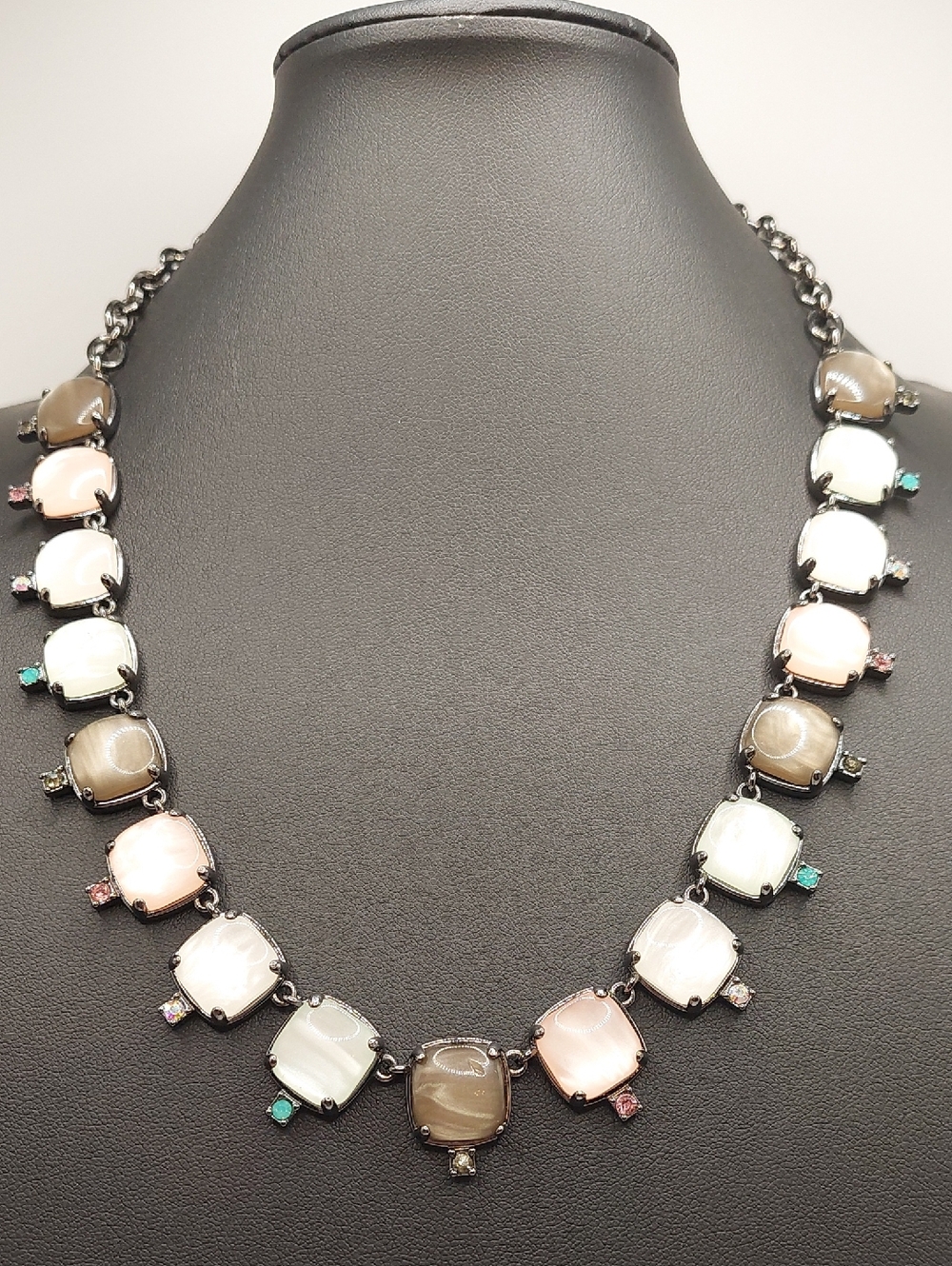 LOGO Pastel Cat's Eye Multi-Stone Colored Rhinestone Square Necklace  Gunmetal